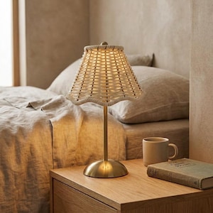 May include: A table lamp with a brass-colored metal base and a stem supporting a woven, off-white rope lampshade. The shade has a scalloped bottom edge and emits a warm, soft glow. The lamp stands on a flat, circular base.