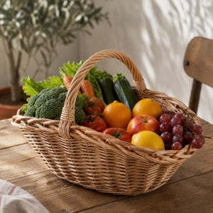 Handwoven Wicker Basket with Handle, Rustic Fruit Bread, Farmhouse Picnic Décor