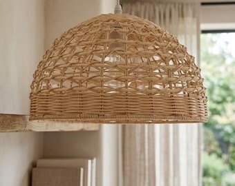 Handwoven Rattan Pendant Light Shade: Natural Boho Wicker Ceiling Lamp Fixture