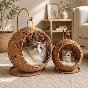Wicker Hanging Cat Bed, Elevated Basket with Matching Stand in Two Sizes