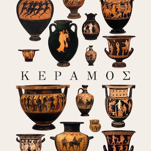 Puede incluir: Una colección de vasijas de cerámica griega antigua en negro y naranja, incluyendo ánforas, cráteras y lécitos, dispuestas sobre un fondo claro con el texto griego K E P A M O S centrado, mostrando escenas figurativas detalladas.