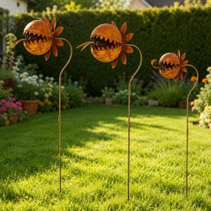 Op de afbeelding: Drie metalen tuinstekers met bolvormige, roestkleurige plantenkoppen met gekartelde, tandachtige randen en uitstekende tongen. Elke sculptuur is gemonteerd op een dunne, gebogen metalen staaf en heeft een verweerde afwerking in verschillende maten.