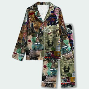 May include: A long-sleeved button-down pajama top and matching pants set featuring a collage print of newspaper clippings, a teal vintage car, a steam train, and portraits, all set against a background of parchment-colored text and graphics.