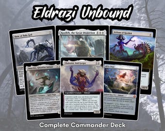 May include: A collection of six Magic: The Gathering trading cards titled Eldrazi Unbound, featuring cards like Zhulodok, Void Gorger, Kozilek, the Great Distortion, and All Is Dust, displayed as a complete Commander deck set with black borders.