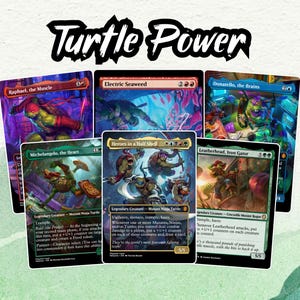 May include: A collection of six trading cards featuring Teenage Mutant Ninja Turtles characters and themes, arranged in a fan shape. The cards display vibrant, detailed illustrations and text, with the bold black title Turtle Power centered above.