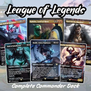 May include: A collection of five Magic: The Gathering trading cards featuring character illustrations and text, including Mogis, Rakdos, Kaervek, Mask of Griselbrand, Braids, and Kardur. The cards are arranged in a group with the text League of Legends above.