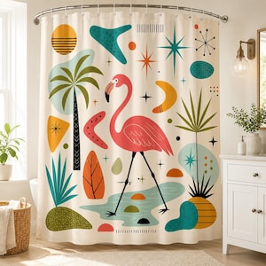 May include: A cream-colored shower curtain featuring a mid-century modern pattern with a central pink flamingo, palm trees, and various abstract shapes including boomerangs, suns, and starbursts in shades of teal, orange, and olive green.