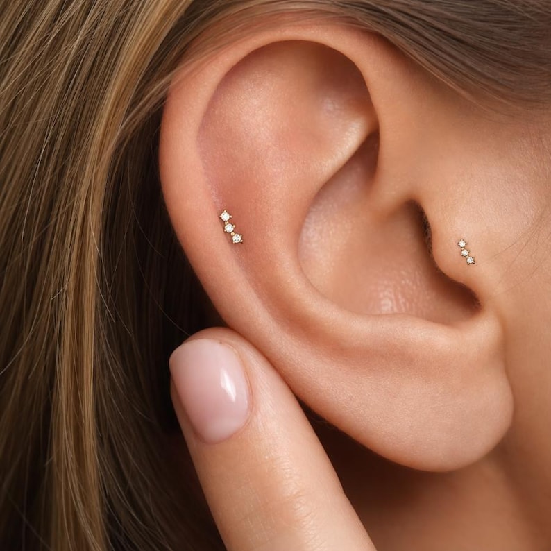 16G Three Cz Push Pin Labret, Threadless Flat Back Earring, Tragus Stud ...