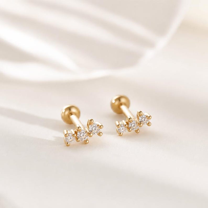 16G Three Cz Push Pin Labret, Threadless Flat Back Earring, Tragus Stud ...