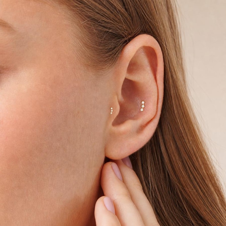 16G Three Cz Push Pin Labret, Threadless Flat Back Earring, Tragus Stud ...