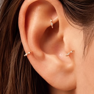 Marquise-Ohrring mit zwei runden Zirkonia-Steinen, 925er Sterlingsilber, 18 Karat vergoldet, 16G Helix-Ohrring, minimalistischer, zierlicher Schmuck, Geschenkidee