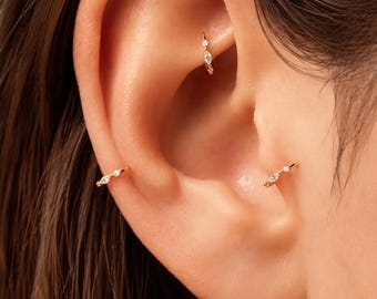 Marquise Two Round CZ Click Huggie Hoop, S925 Sterling Silver 18k Gold Plated 16G Helix Cartilage Earring, Minimal Dainty Jewelry, Gift