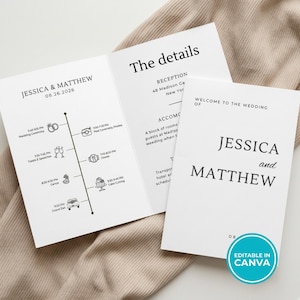Puede incluir: Un conjunto de programa e invitación de boda blanco con texto negro. El programa muestra una línea de tiempo de eventos que incluye la ceremonia, brindis, cena y corte de pastel. La invitación dice Welcome to the wedding of Jessica and Matthew.