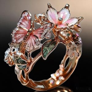 Exquisito anillo de esmalte con mariposa y flor, lujosa joya floral de oro rosa con mariposa, regalo romántico ideal para mujer.