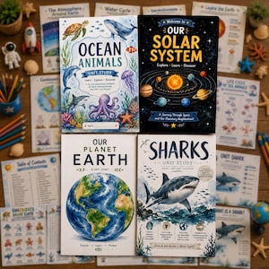 May include: Four educational unit study workbooks titled Ocean Animals, Our Solar System, Our Planet Earth, and Sharks. Each cover features thematic illustrations including sea life, planets, a globe, and a shark, with text detailing study topics.