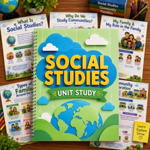 Op de afbeelding: Een spiraalgebonden Social Studies Unit Study werkboek met een lichtgroene kaft, een blauwe wereldbol, gele tekst en witte wolkuitsparingen. De kaft toont de titel Social Studies Unit Study met een afbeelding van de aarde.