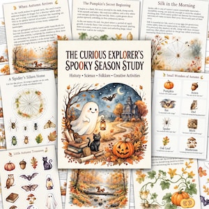 May include: A collection of educational activity sheets titled The Curious Explorer's Spooky Season Study, featuring illustrations of a ghost, a black cat, a jack-o'-lantern, a haunted house, autumn leaves, spiders, bats, and woodland creatures.
