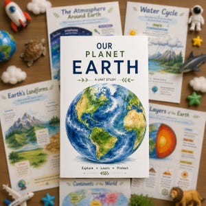 Może przedstawiać: Biała książka edukacyjna zatytułowana Our Planet Earth: A Unit Study, zawierająca akwarelową ilustrację Ziemi. Okładka zawiera tekst Explore, Learn, Protect. Jest otoczona różnymi kartami edukacyjnymi i małymi figurkami zabawek.