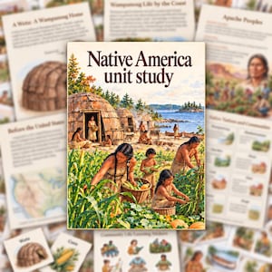 May include: A rectangular educational unit study titled Native America unit study featuring a colorful illustration of people harvesting corn near domed dwellings by a coastal landscape, surrounded by blurred pages of related historical content.
