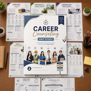 May include: A Career Counseling Unit Study book with a white cover featuring a compass icon, the title in dark blue and gold script, and an illustration of six diverse professionals. The text includes Exploring Interests, Building Skills, and Planning a Bright Future.