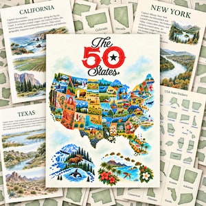 May include: A poster titled The 50 States featuring a colorful map of the United States composed of illustrated icons representing each state's landmarks, wildlife, and landscapes, surrounded by informational cards and state-shaped stickers.