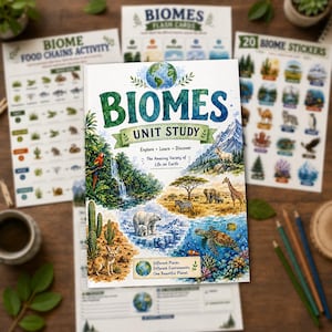 Puede incluir: Un libro educativo Biomes Unit Study con una cubierta blanca que presenta ilustraciones en acuarela de varios hábitats globales, incluyendo selva, desierto, ártico y océano, con el texto Biomes Unit Study Explore Learn Discover.