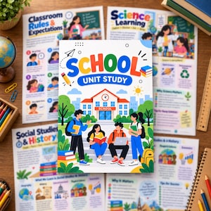 May include: A School Unit Study educational poster featuring a central illustration of four students sitting on school steps in front of a school building, with colorful text reading School Unit Study, surrounded by various educational charts.