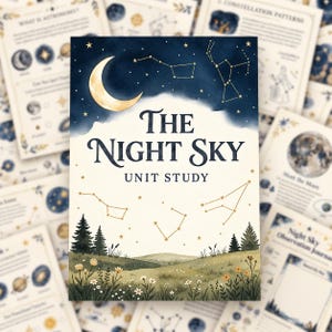Może przedstawiać: Wydrukowany materiał edukacyjny zatytułowany The Night Sky, przedstawiający ciemnoniebieskie rozgwieżdżone niebo z półksiężycem i gwiazdozbiorami nad zielonym krajobrazem z sosnami i polnymi kwiatami. Projekt zawiera złote linie łączące gwiazdy.