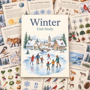 May include: A Winter Unit Study educational booklet featuring a central illustration of a snow-covered village with people ice skating on a frozen pond, surrounded by various educational cards depicting winter animals, plants, and nature.