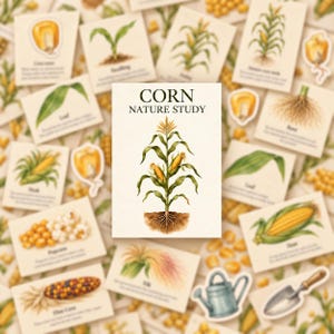 May include: A collection of educational cards featuring botanical illustrations of corn at various growth stages. The central card displays a full corn plant with roots and the text CORN NATURE STUDY, surrounded by smaller cards showing kernels, leaves, and tools.