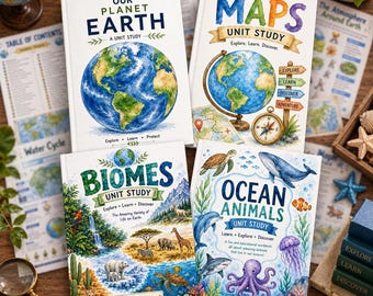 May include: Four educational unit study workbooks titled Our Planet Earth, Maps, Biomes, and Ocean Animals. Each book features colorful watercolor illustrations of globes, landscapes, and marine life, with clear text headings and educational themes.