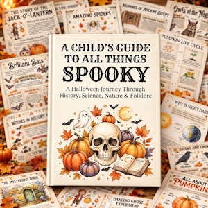 Puede incluir: Un libro de tapa dura titulado A Child's Guide to All Things Spooky: A Halloween Journey Through History, Science, Nature & Folklore. La portada presenta un cráneo humano central rodeado de calabazas naranjas, un fantasma y hojas de otoño.