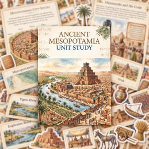 May include: A rectangular educational unit study booklet titled Ancient Mesopotamia Unit Study, featuring a detailed illustration of a ziggurat, a river with boats, palm trees, and agricultural fields, with cuneiform script accents.