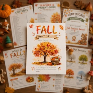 May include: A Fall Unit Study educational packet featuring a central cover page with a watercolor illustration of an autumn tree and a basket of pumpkins. The text reads Fall Unit Study, Learn Explore Discover, and includes a line for a name.