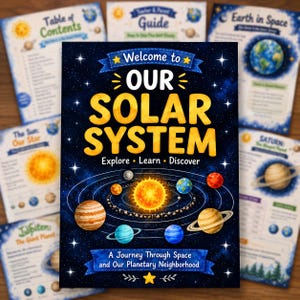 Könnte beinhalten: Ein Lehrplakat mit dem Titel Welcome to OUR SOLAR SYSTEM Explore Learn Discover mit einer zentralen Abbildung der Sonne und der Planeten in ihrer Umlaufbahn vor einem dunkelblauen Sternenhintergrund, umgeben von kleineren Informationsblättern.