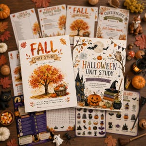 Puede incluir: Una colección de materiales educativos que incluye un folleto Fall Unit Study con la ilustración de un árbol y un folleto Halloween Unit Study con una casa encantada, calabaza y búho, rodeados de hojas de actividades y decoración.