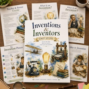 May include: A unit study book titled Inventions & Inventors featuring watercolor illustrations of a vintage telephone, a light bulb, a printing press, and an airplane. The cover includes the text Learn, Discover, Create, Inspire and is surrounded by four additional educational guide pages.