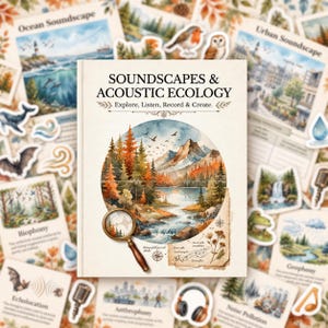 May include: A book titled Soundscapes & Acoustic Ecology: Explore, Listen, Record & Create. The cover features a circular watercolor illustration of a mountain forest landscape with a river, a magnifying glass, and botanical sketches.