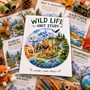 Pode incluir: Um livreto educativo branco intitulado Wild Life Unit Study apresentando uma ilustração circular em aquarela de vários animais, incluindo um leão, tigre, elefante, girafa e golfinho, com o texto Explore, Learn, Protect na parte inferior.