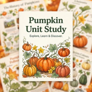 May include: A book titled Pumpkin Unit Study Explore, Learn & Discover with a cover illustration featuring various orange pumpkins, green leaves, and yellow flowers on a cream background, surrounded by blurred educational pages.