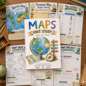 Może przedstawiać: Edukacyjna broszura Maps Unit Study z akwarelowym globusem, kompasem i drogowskazem ze słowami Explore, Learn, Discover i Adventure. Okładka zawiera tytuł Maps Unit Study oraz tekst Explore. Learn. Discover.