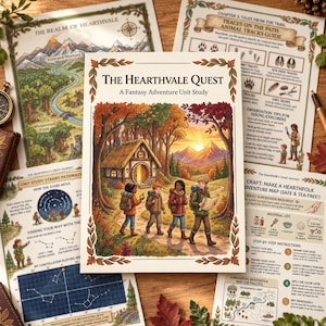 Könnte beinhalten: Ein Buch mit dem Titel The Hearthvale Quest: A Fantasy Adventure Unit Study mit einer Illustration von vier Kindern, die bei Sonnenuntergang an einer Hütte im Wald wandern, umgeben von pädagogischen Arbeitsblättern mit Karten und Naturführern.