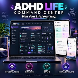 Op de afbeelding: Een digitale ADHD Life Command Center planner weergegeven op een laptop, tablet en smartphone. De interface bevat een dashboard in donkere modus met takenlijsten, agenda's, gewoonte-trackers en focus-timers. Tekst: ADHD Life Command Center.