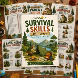 Peut inclure: Un livret d'étude sur les compétences de survie avec une illustration de couverture montrant une personne campant près d'une tente et d'un feu de camp en montagne. Le texte indique Survival Skills Unit Study, Learn, Prepare, Stay Safe.
