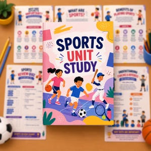 May include: A book titled Sports Unit Study with a colourful cover illustration of three children playing basketball, football, and baseball. The cover features a pink, blue, and yellow abstract background with a football, a baseball bat, and a tennis racket.