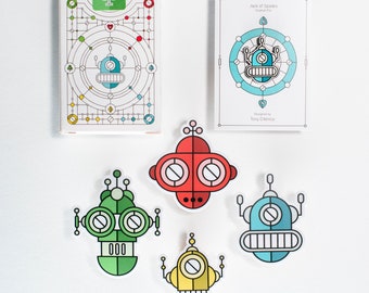 COLLECTOR GIFT SET: Robot Poker Playing Cards + Enamel Lapel Pin + 4 Vinyl Di-Cut Stickers