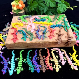 May include: A collection of articulated lizard figurines in various solid and gradient colors, including red, blue, green, yellow, pink, and brown. The lizards feature segmented bodies and are displayed on a rectangular wooden block and a black surface.