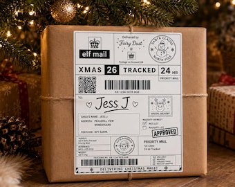 Personalised Christmas Gift Labels for your Child delivered by Elf Mail with real live tracking QR code bundles 10 and 30