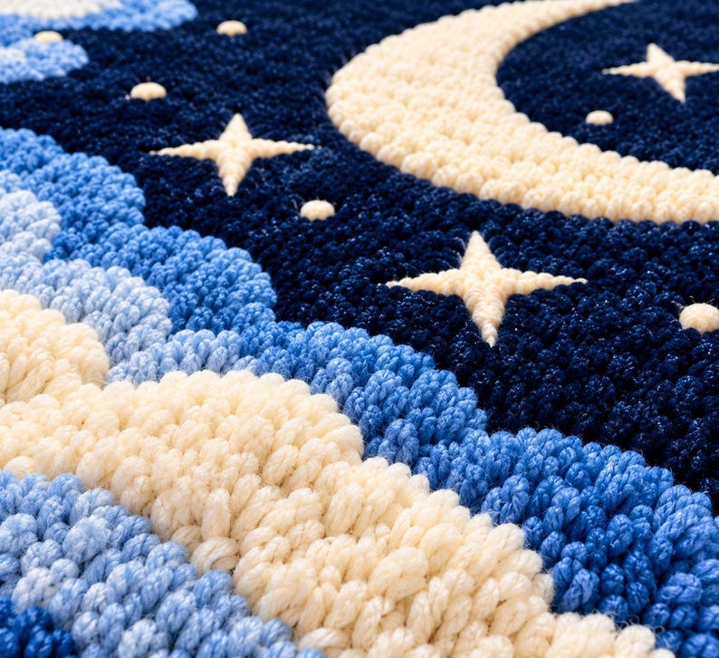 Hand Tufted Wool Celestial Rug, Navy Blue Moon & Stars, Cloud Area Rug ...