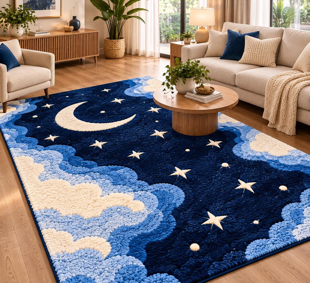 Moon Patterned Rugs Hand Tufted Wool Celestial Rug, Navy Blue Moon & Stars, Cloud Area Rug ...